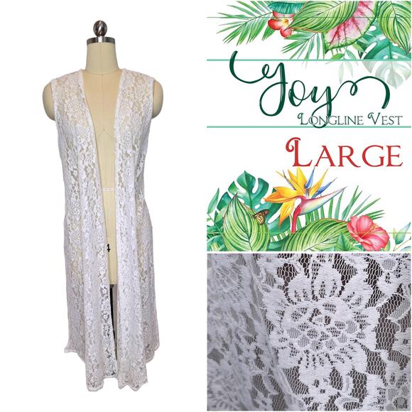 LuLaRoe Joy Vest Large Lace Off-White Stretch Longline Layering Duster Boho - Picture 9 of 9